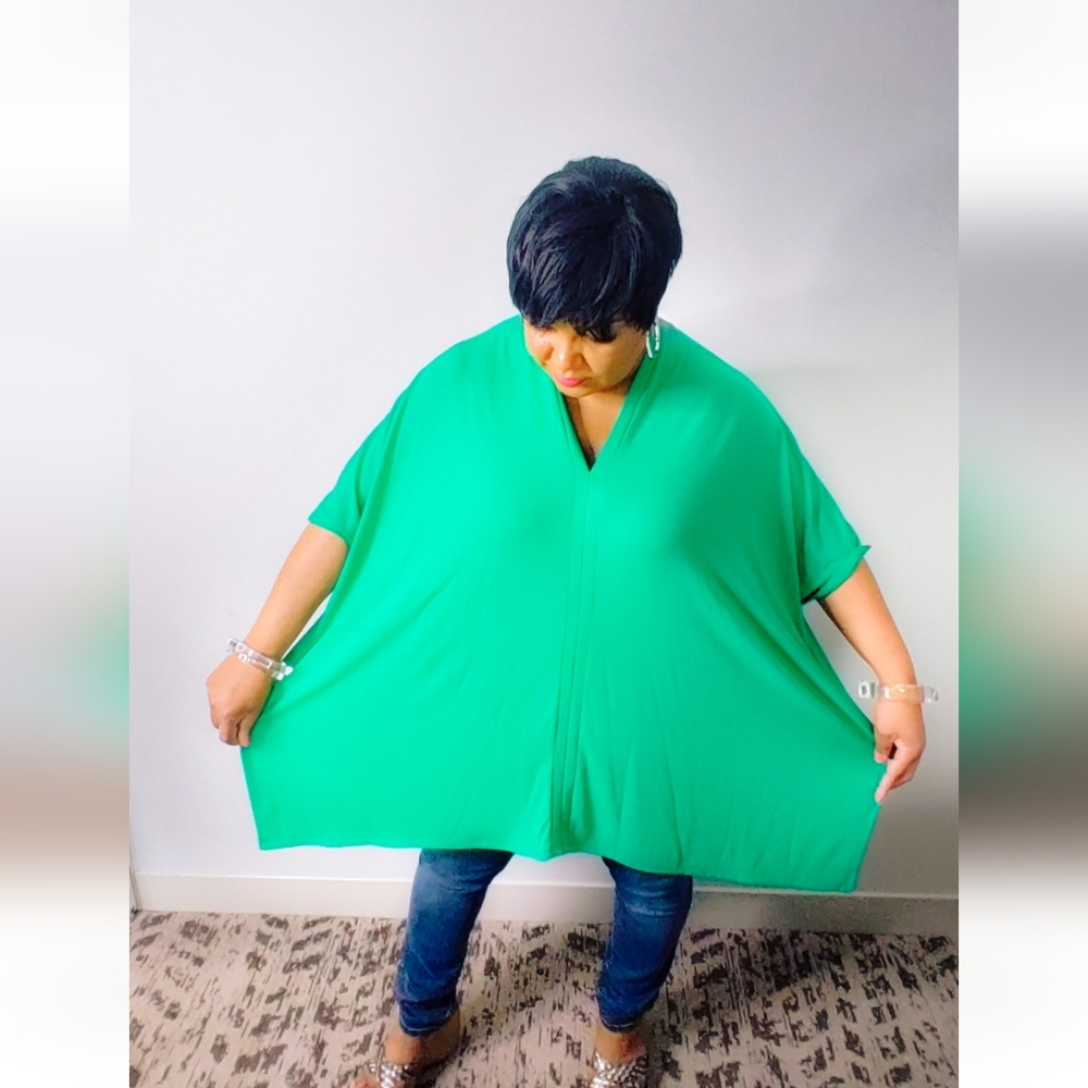 Zenana Emerald Green Oversized V-Neck Poncho Tunic Top | Flowy Relaxed Fit S–3X